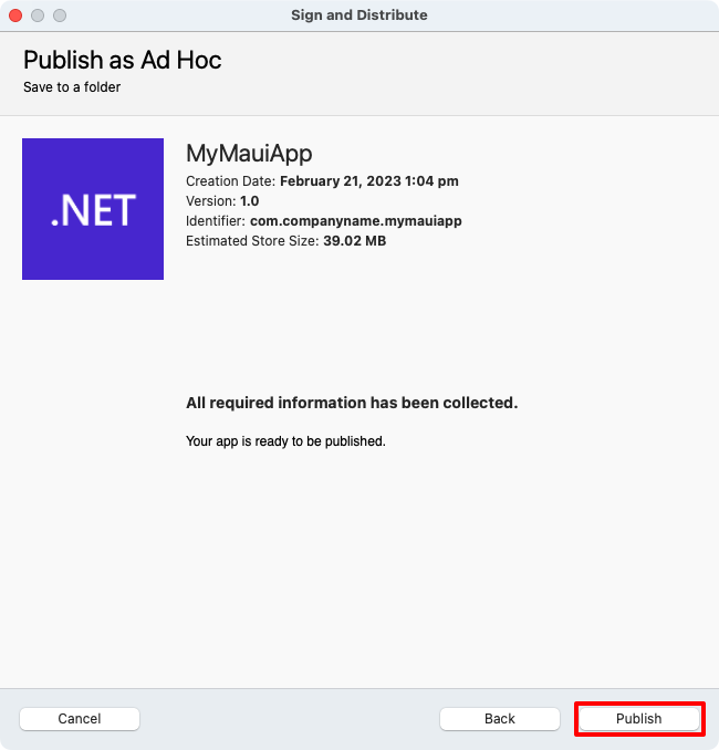 Screenshot of publishing an iOS app using ad hoc distribution.