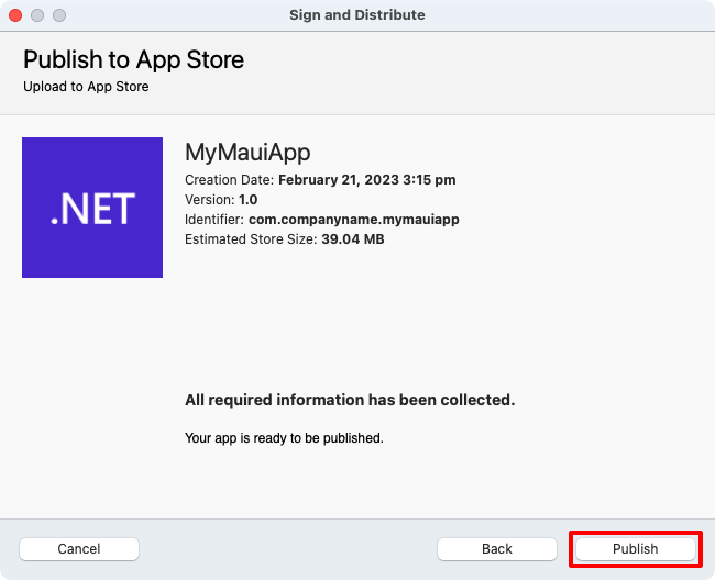 Screenshot of publishing an iOS app using app store distribution.