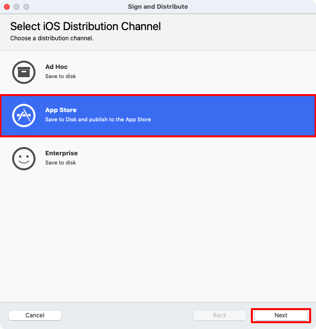 Screenshot of selecting a distribution channel in the VSMac distribution dialog.