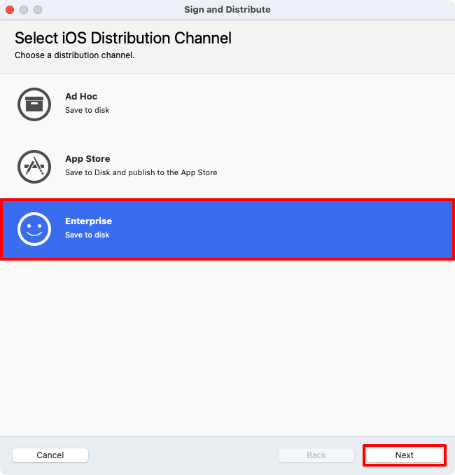 Screenshot of selecting a distribution channel in the distribution dialog.