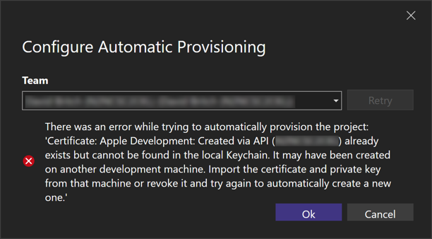 Screenshot of automatic provisioning failure when the certificate can't be found.