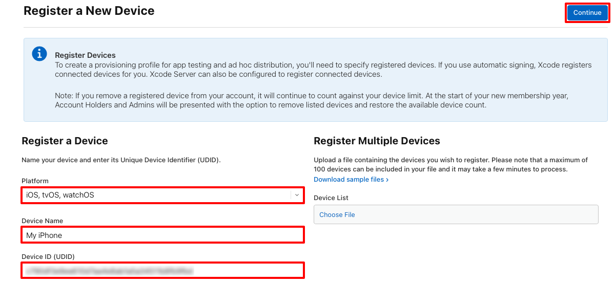 Register a device by naming it and entering its unique device identifier.