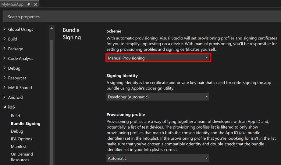 Screenshot of bundle signing tab for iOS in Visual Studio.
