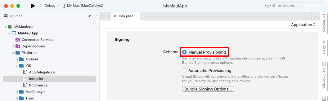 Screenshot of manual provisioning selected as the signing scheme in Visual Studio for Mac.