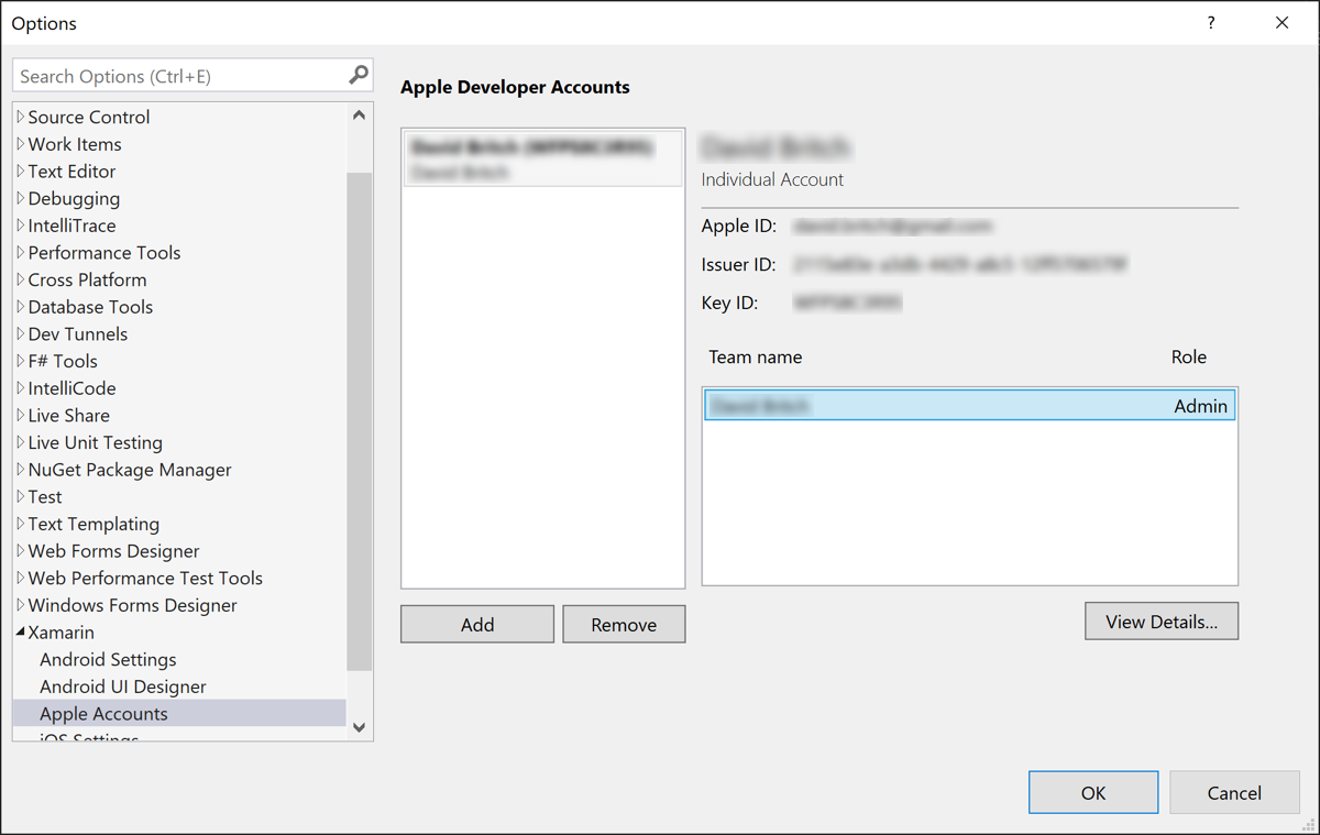Apple Developer Account added to Visual Studio.