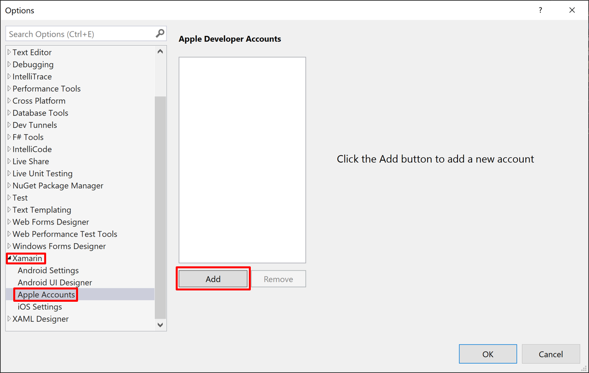 Add an Apple Developer Account to Visual Studio.