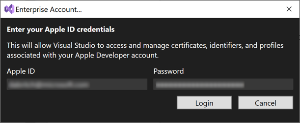 Add an Enterprise Apple Developer Account to Visual Studio.