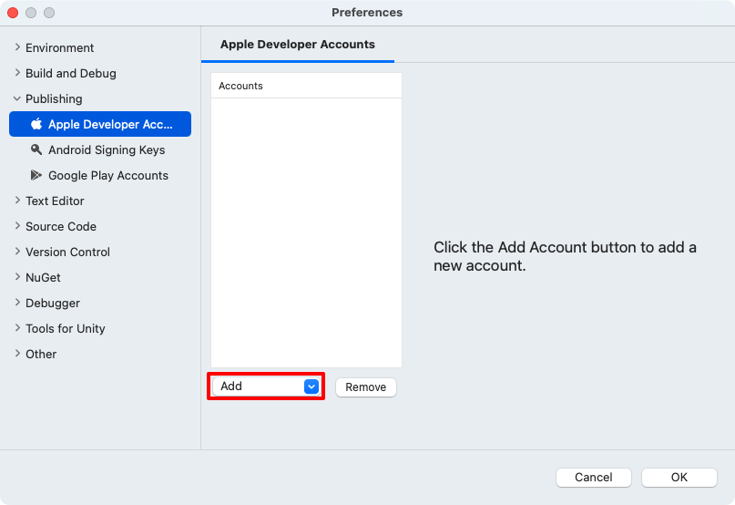 Add an Apple Developer Account to Visual Studio for Mac.