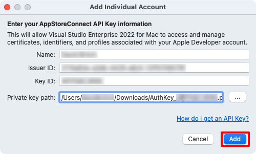 Add an Individual Apple Developer Account to Visual Studio for Mac.