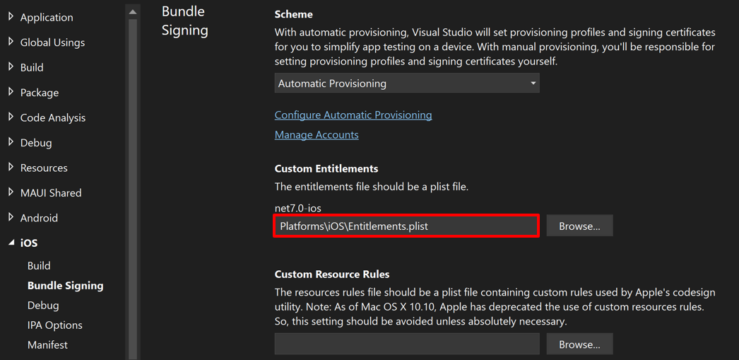 Visual Studio custom entitlements field set.
