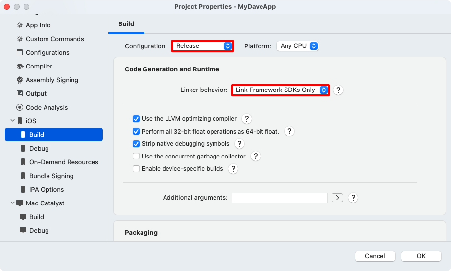 Screenshot of the linker behavior for iOS in Visual Studio for Mac.