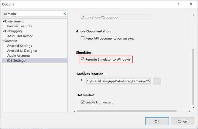 Visual Studio checkbox to enable the iOS remote simulator.