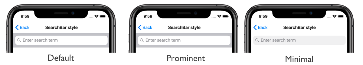 Screenshot of SearchBar styles, on iOS.