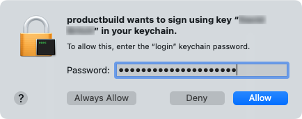 Allow productbuild to sign your app on your Mac.