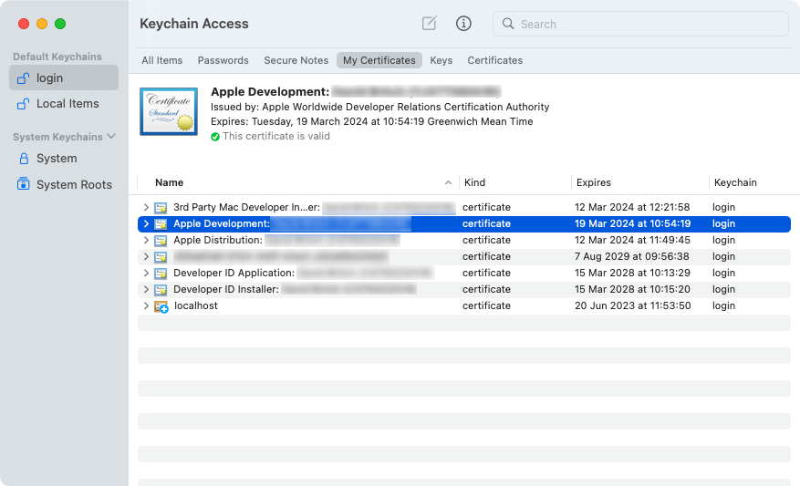 Keychain Access showing development certificate.