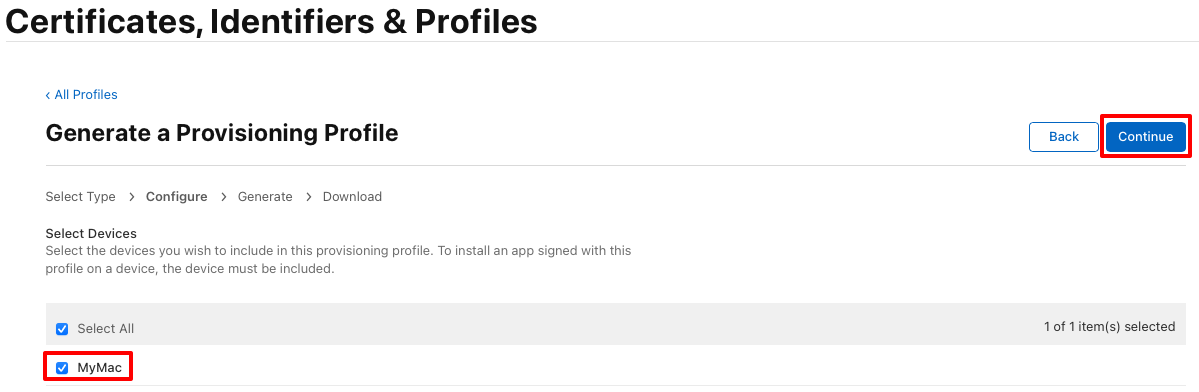 Screenshot of adding a device to a provisioning profile.