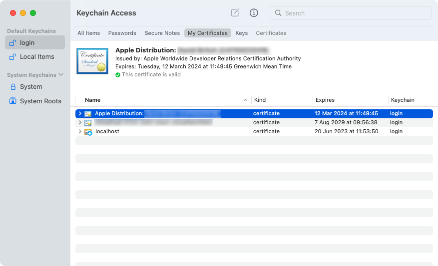 Keychain Access showing distribution certificate.