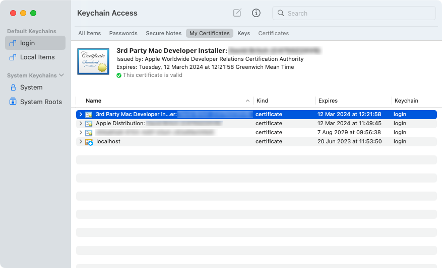 Keychain Access showing installer certificate.
