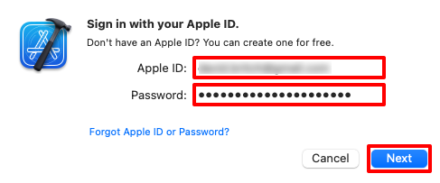 Xcode Apple account sign-in.