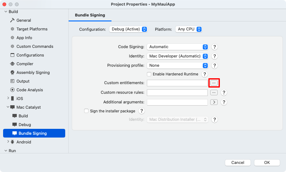 Setting custom entitlements