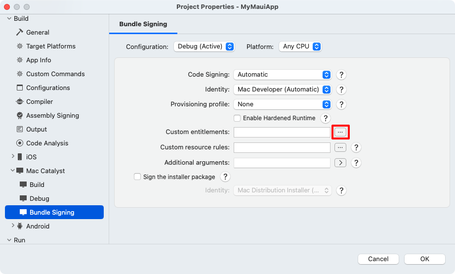 Visual Studio for Mac bundle signing properties.