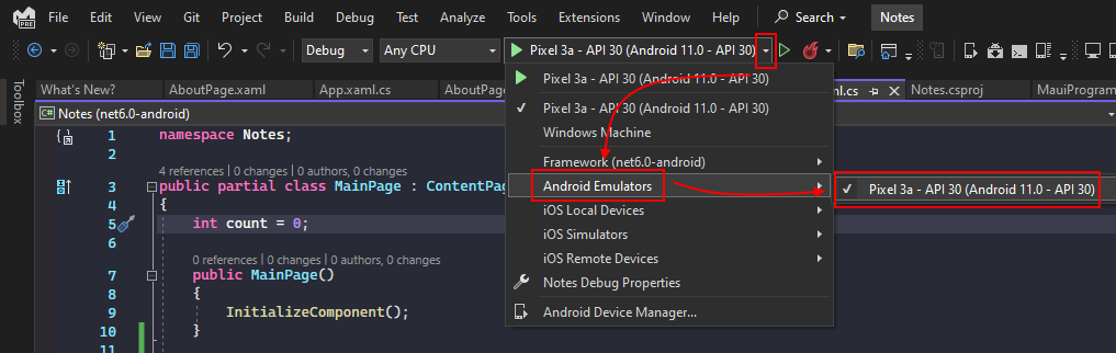 Selecting the Android debug target for a .NET MAUI app in Visual Studio.