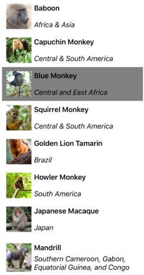 Screenshot of a CollectionView vertical list with single selection.