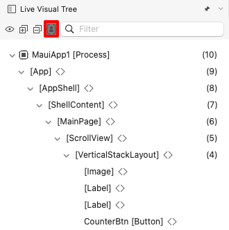 Screenshot of all UI elements in the Live Visual Tree window in Visual Studio for Mac.