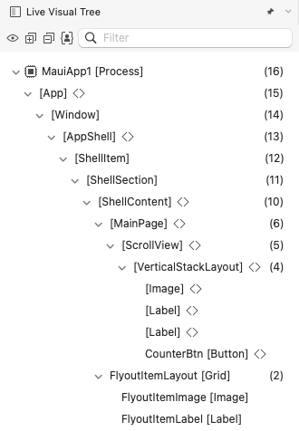 Screenshot of the Live Visual Tree window in Visual Studio for Mac.