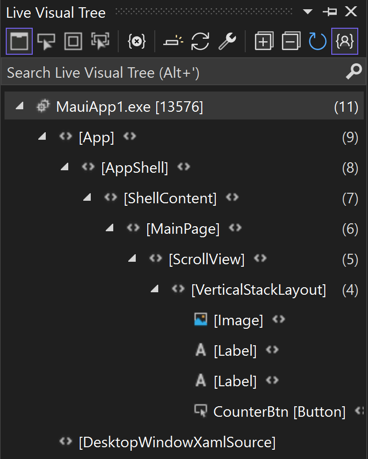 Screenshot of the Live Visual Tree window in Visual Studio.