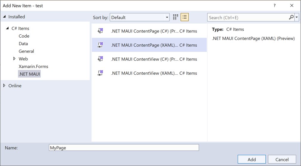 .NET MAUI ContentPage item template.