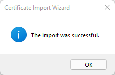 Certificate import wizard window with a successful import message.