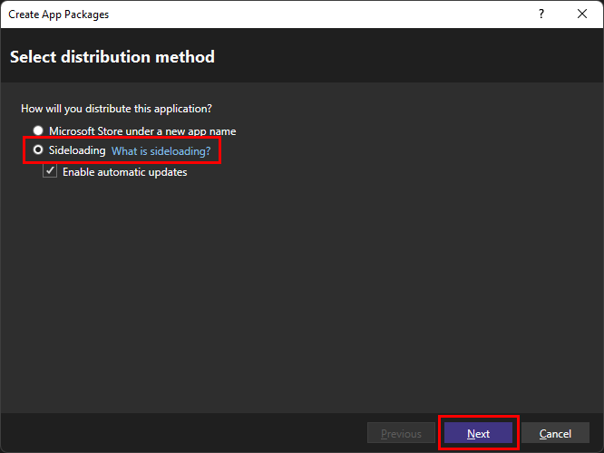 The sideloading option selected on Create App Packages dialog box in Visual Studio to publish a .NET MAUI app.