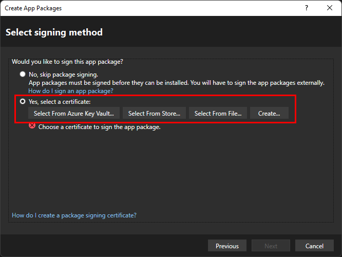 Package signing method dialog in Visual Studio.