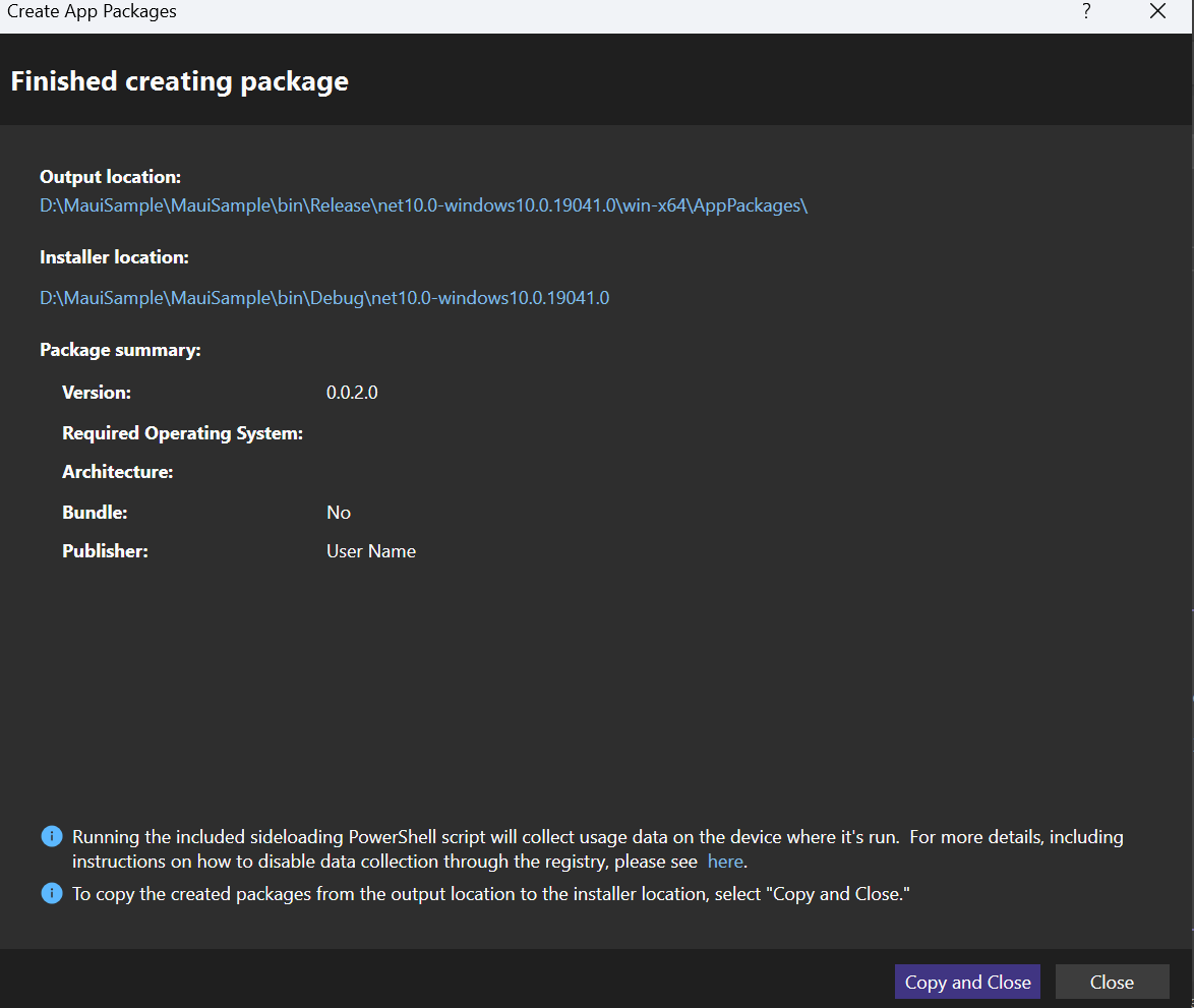 The finished creating a package dialog in Visual Studio.