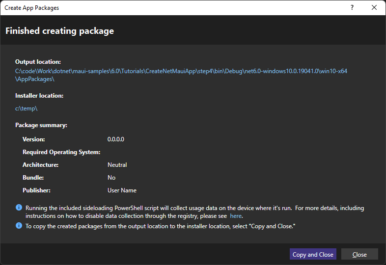 The finished creating a package dialog in Visual Studio.