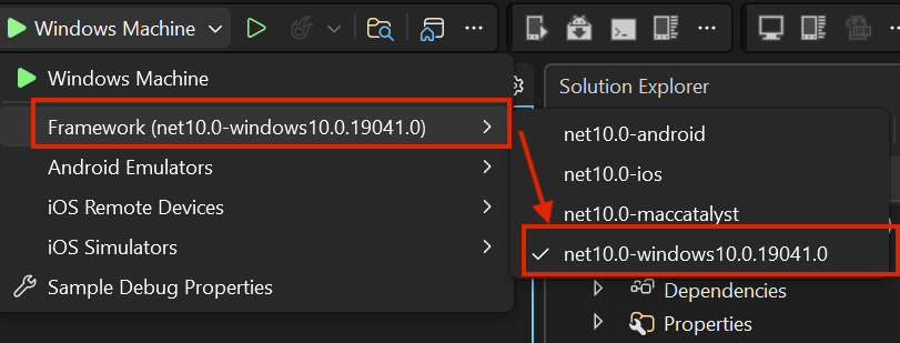 Selecting the Windows debug target for a .NET MAUI app in Visual Studio.