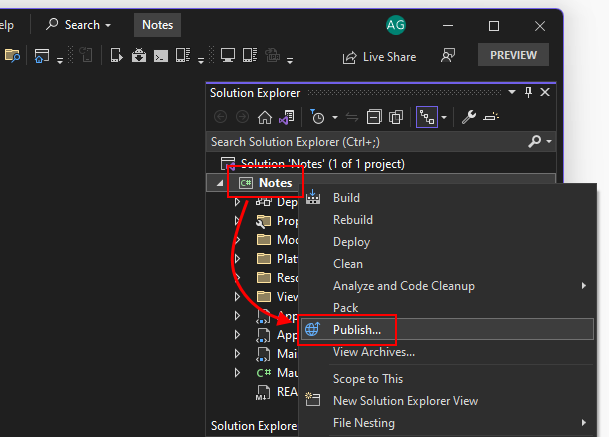 Right-click on a project file and select publish in Visual Studio