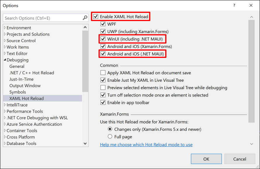 XAML Hot Reload options for .NET MAUI in Visual Studio.