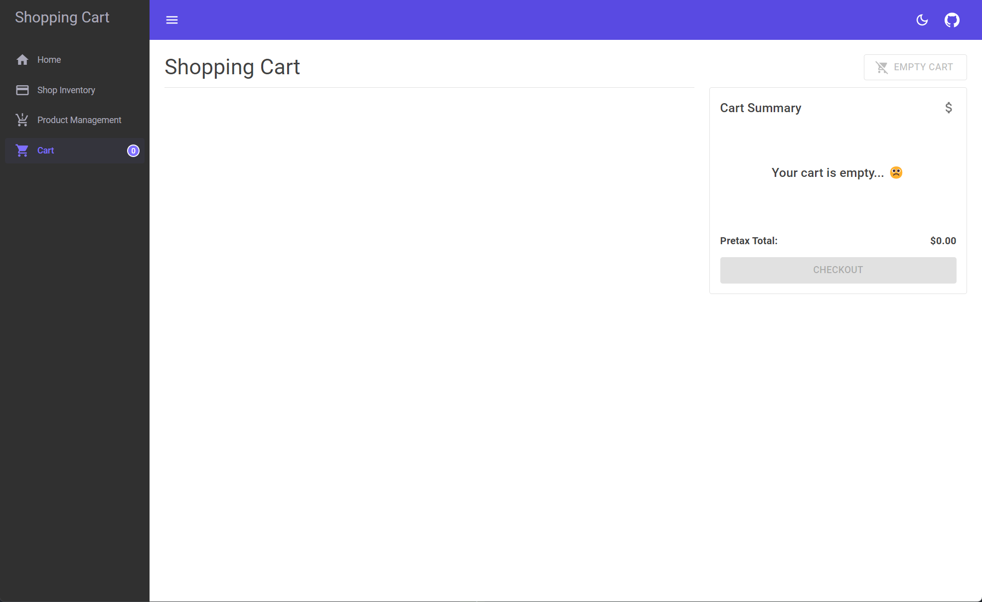 Orleans: Shopping Cart sample app, empty cart page.
