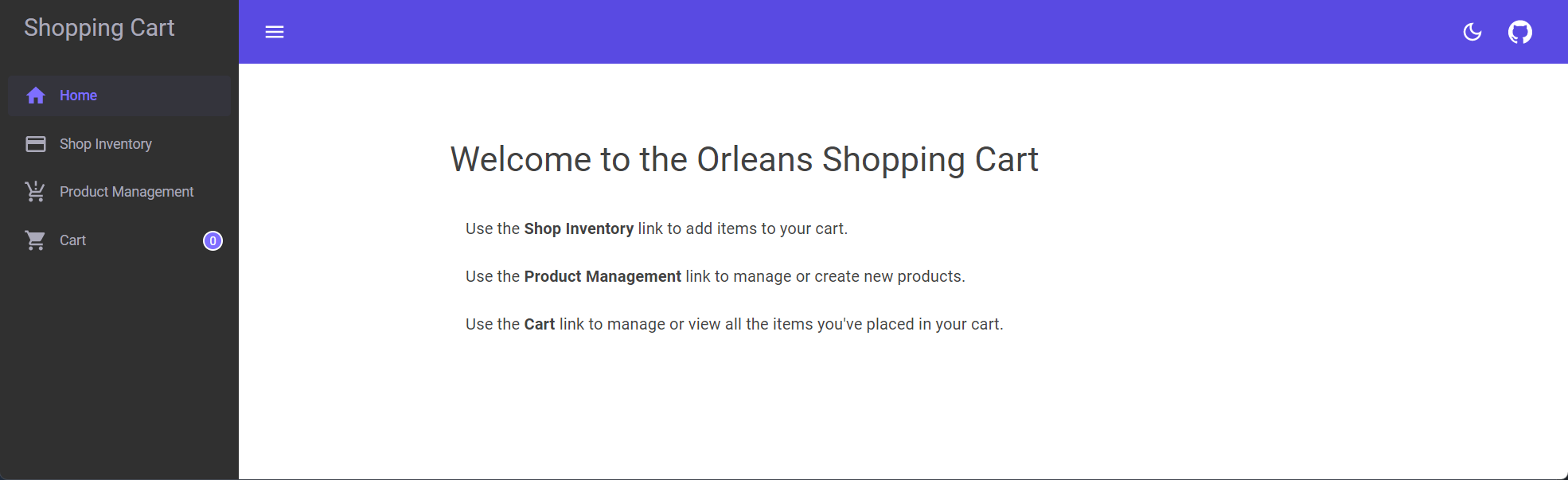 Orleans: Shopping Cart sample app, home page.