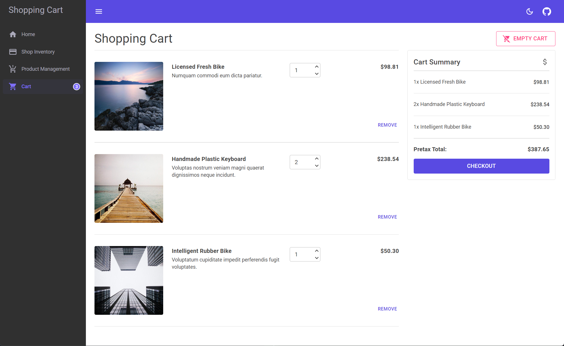 Orleans: Shopping Cart sample app, items in cart page.