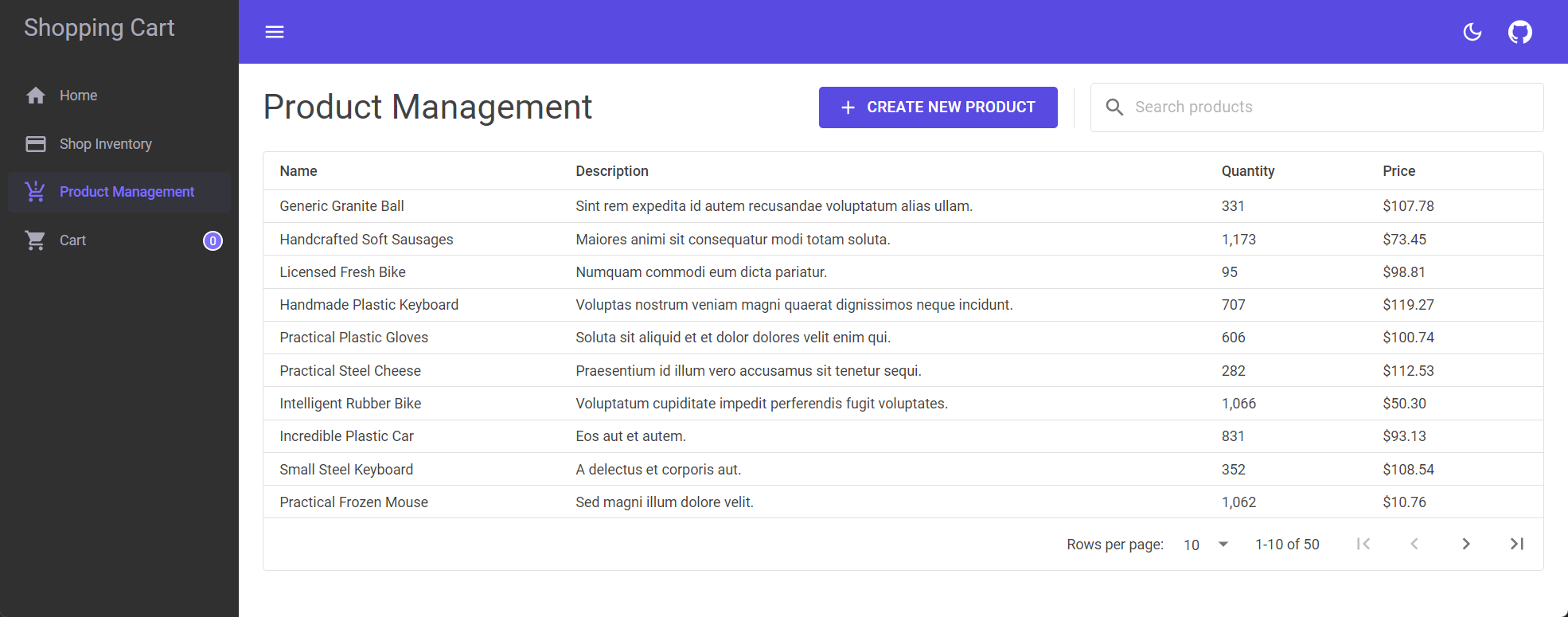 Orleans: Shopping Cart sample app, product management page.