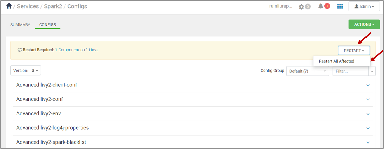 Configs tab with Restart > Restart All Affected highlighted