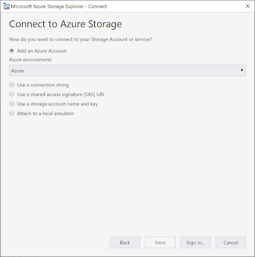Sign in to Azure account from Storage Explorer