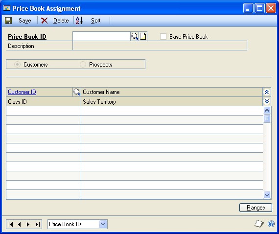 Screenshot that shows the Price Book Assignment window.