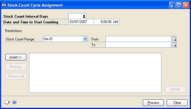 Screenshot that shows the Stock Count Cycle Assignment window.