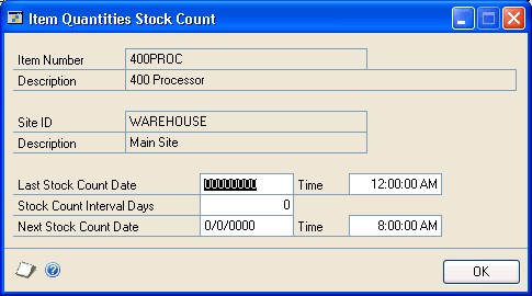Screenshot that shows the Item Quantities Stock Count window.