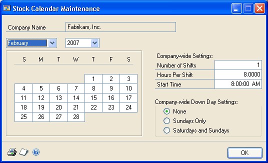 Screenshot that shows the Stock Calendar Maintenance window.