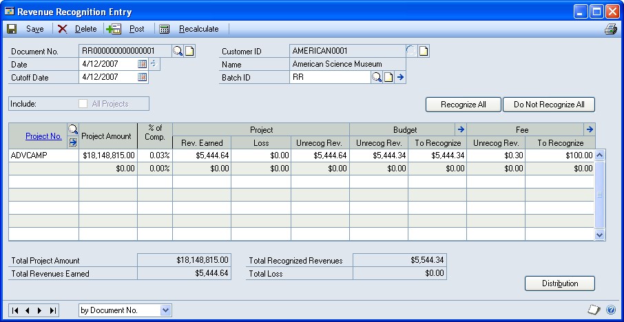 Screenshot of the Revenue Recognition Entry window.